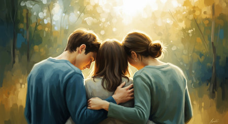 A tender moment of support and connection between three individuals, their heads bowed in a shared embrace amidst a serene natural environment.の素材