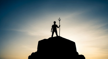 A silhouetted figure stands atop a hill, holding a trident against a backdrop of a colorful sunset sky, creating a dramatic and powerful image.の素材