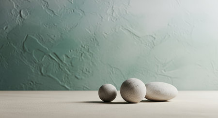 A minimalist composition featuring three smooth, round stones of varying sizes placed on a light-colored surface against a subtly textured green wall.の素材