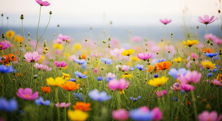 A close-up view of a meadow bursting with colorful wildflowers, including pink, yellow, orange, and blue varieties, swaying gently in the breeze.の素材
