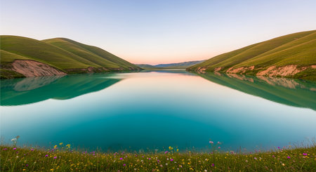 A serene panoramic view of a vibrant turquoise lake nestled between lush green hills, with the sky reflecting its calm waters.の素材