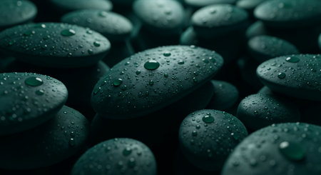 A macro photograph of smooth, dark green stones covered in fresh water droplets. The moody lighting creates a calm, tranquil, and meditative atmosphere.の素材