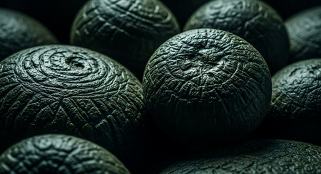 Detailed close-up of several dark green, textured spheres, possibly organic or natural formations.の素材