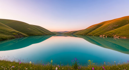 A tranquil landscape featuring a calm lake mirroring the sky, framed by lush green hills under a colorful sunset.の素材