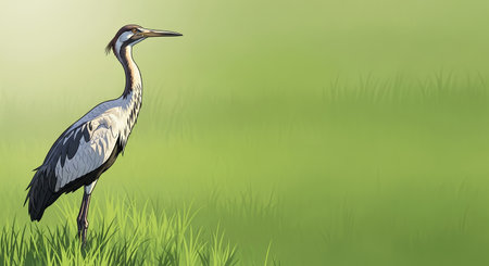 A majestic crane with striking plumage stands tall amidst vibrant green grass, its long neck elegantly curved.の素材