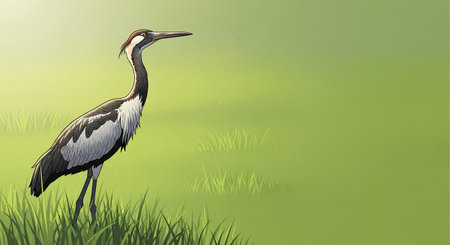 A striking illustration of a black-necked crane gracefully standing in a vibrant green meadow, showcasing its elegant form and natural habitat.の素材