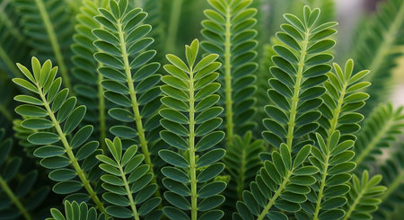 Detailed view of lush green fern leaves, showcasing their delicate structure and natural beauty.の素材