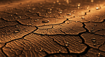 A detailed close-up shot of parched, cracked earth, with small, clear water droplets resting on its surface. The texture of the dry soil is prominent, highlighting the effects of drought, while the water offers a glimmer of hope or recent rain. The lighting emphasizes the intricate patterns of the cracks and the reflective quality of the water.の素材