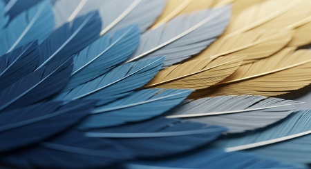 A close-up shot showcasing a collection of vibrant, layered feathers in shades of blue and gold, creating a visually appealing texture.の素材
