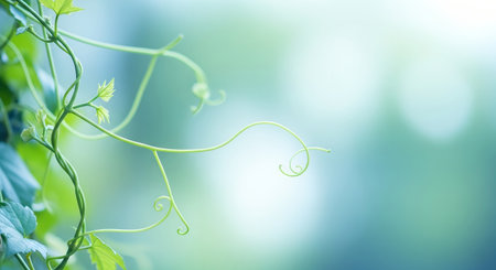 Close-up of a vibrant green vine with delicate tendrils and fresh leaves, set against a soft, blurred background.の素材