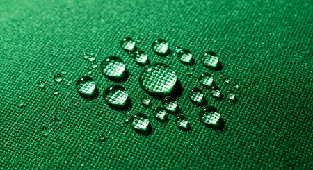 A macro shot of water droplets on a green textile surface, highlighting the fabrics texture and the clarity of the water.の素材