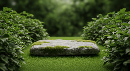 A moss-covered stone platform sits in a vibrant garden, surrounded by greenery, ideal for showcasing products or concepts.の素材