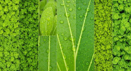 Close-up of fresh green leaves covered in glistening water droplets, set against a backdrop of soft, out-of-focus green foliage, highlighting natures beauty and freshness.の素材