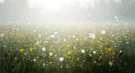 A dreamy meadow filled with white and yellow wildflowers, illuminated by soft sunlight and sparkling dust motes.の素材