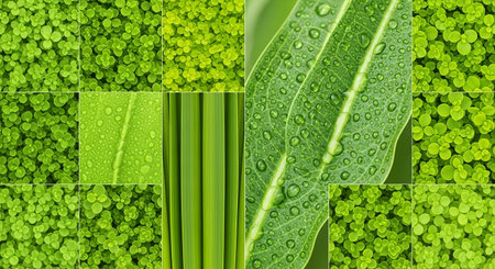 A dynamic collage showcasing various shades and textures of green plant life, including close-ups of leaves with water droplets and dense foliage, creating a fresh and natural aesthetic.の素材