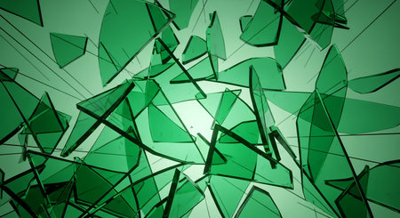 Close-up of broken glass pieces, abstract background, green color, sharp fragments, artistic composition, modern design, texture, pattern, geometric shapes.の素材