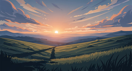 A breathtaking landscape painting capturing a serene sunset over rolling hills, with vibrant colors and detailed textures.の素材