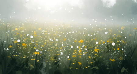 A field of wildflowers in the sunlight, with a soft, dreamy atmosphere. The image captures the beauty of nature.の素材