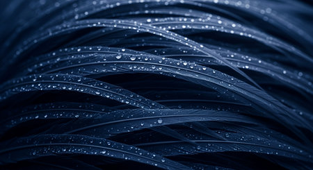 A detailed macro shot of deep blue grass, each blade adorned with tiny, reflective water beads, creating a serene and natural texture.の素材