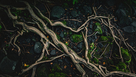 A close-up view of intertwined tree roots spread across a dark forest floor, highlighting the textures of nature and the interconnectedness of life.の素材