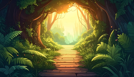 A captivating image of a wooden path leading into a lush, sunlit forest, inviting viewers to explore the beauty and tranquility of nature.の素材