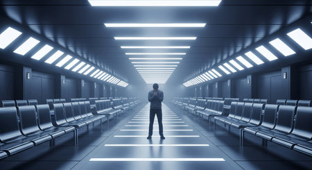 A lone figure stands at the end of a long, futuristic corridor, illuminated by rows of bright lights, with empty seats lining the walls.の素材