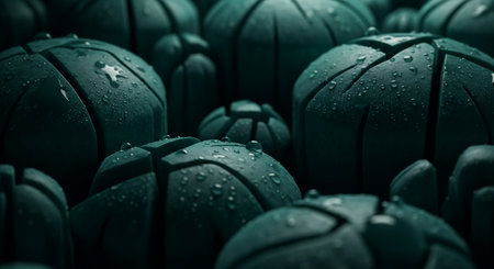 A close-up view of numerous dark green, spherical objects, each featuring a segmented surface and covered in small water droplets, creating a textured and mysterious abstract background.の素材