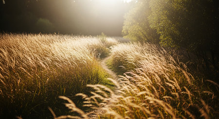 A tranquil field of golden grass sways gently in the breeze, illuminated by the warm glow of the sun, creating a peaceful and inviting scene.の素材