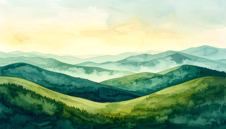 A serene watercolor painting of rolling green hills and misty mountains fading into the distance under a soft, hazy sunrise.の素材