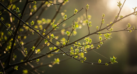 Close-up of delicate new leaves unfurling on tree branches, bathed in the warm glow of soft sunlight, symbolizing renewal and the arrival of spring.の素材