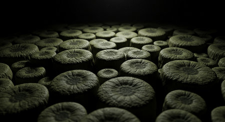 A low-angle shot reveals a field of circular objects, possibly organic, in a dark, atmospheric setting. The objects are textured and appear to be illuminated from above.の素材