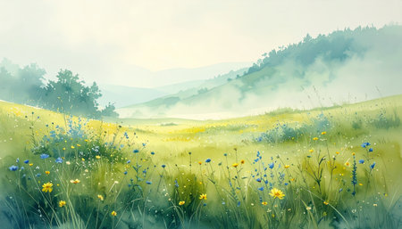 A serene watercolor painting of a misty meadow at sunrise, filled with delicate wildflowers and soft, rolling hills in the background.の素材