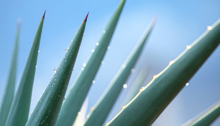 Close-up of agave plant leaves pointing upwards towards a clear blue sky, showcasing their sharp tips and textured surfaces.の素材