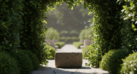 A peaceful garden scene featuring a stone bench framed by a lush green archway, leading to a tranquil pathway lined with manicured plants.の素材