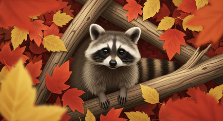 A charming raccoon with distinctive markings sits amongst vibrant red and yellow autumn leaves and weathered branches.の素材
