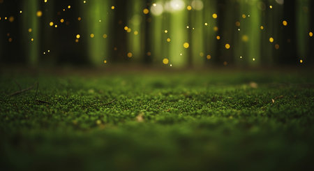 Magical nature background with a close up of green moss. Sparkling bokeh lights and fireflies float in a mysterious, dark enchanted forest creating a dreamy atmosphere.の素材