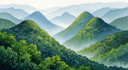 A panoramic view of a vibrant green mountain range, with layers of peaks fading into a soft mist in the valleys under a clear sky, showcasing the serene beauty of nature.の素材