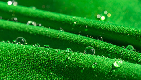 Macro shot of clear water droplets resting on a textured green fabric, highlighting the surface tension and light reflection.の素材