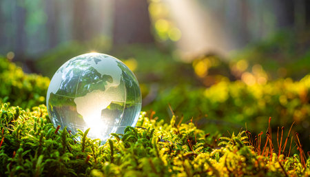 A crystal globe sits on vibrant green moss, illuminated by sunlight filtering through a forest, symbolizing environmental awareness and conservation.の素材