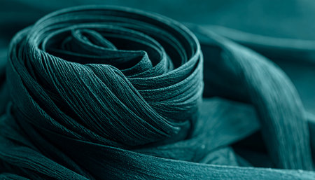 A close-up of teal fabric artfully swirled into a rose-like shape, showcasing texture and depth in a calming, monochromatic palette.の素材