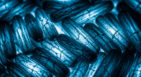 An extreme close-up shot reveals the detailed weave and texture of blue fabric fibers, highlighting the intricate patterns and subtle variations in color and light across the material.の素材