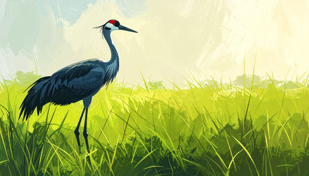 A stunning illustration of a crane in its natural habitat, surrounded by vibrant green grass and a soft, sunlit background.の素材