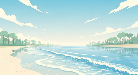 A tranquil beach scene featuring soft waves lapping on the shore under a clear blue sky with scattered clouds, framed by lush green trees.の素材