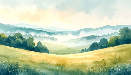 A beautiful watercolor illustration of a serene countryside with rolling golden hills, distant mountains, and a valley filled with morning fog. A tranquil and peaceful scene.の素材