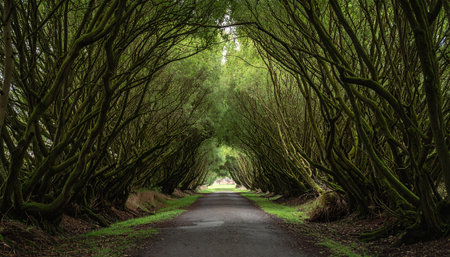 A captivating image of a tree tunnel, with sunlight filtering through the canopy, creating a magical atmosphere along the path.の素材