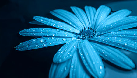 A captivating close-up of a blue daisy, adorned with delicate water droplets, creating a serene and refreshing visual experience.の素材