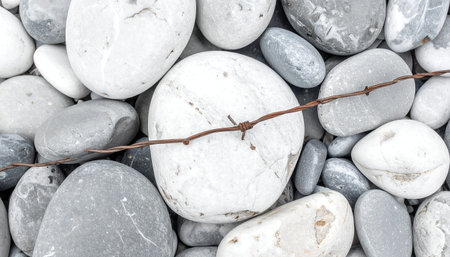 A close-up shot of a collection of smooth, rounded white and grey stones. A thin, rusty wire runs across the stones.の素材