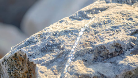 A detailed close-up shot of a rock surface, showcasing its rough texture and the presence of small water droplets glistening in the light.の素材