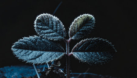 Detailed shot of a plant with unique, textured leaves, set against a stark, dark backdrop, highlighting the plants intricate details.の素材