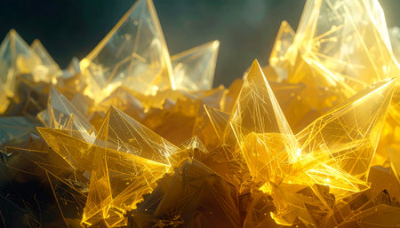 A detailed macro shot showcasing numerous sharp, translucent yellow and orange crystals, illuminated from within, creating a luminous and ethereal effect.の素材
